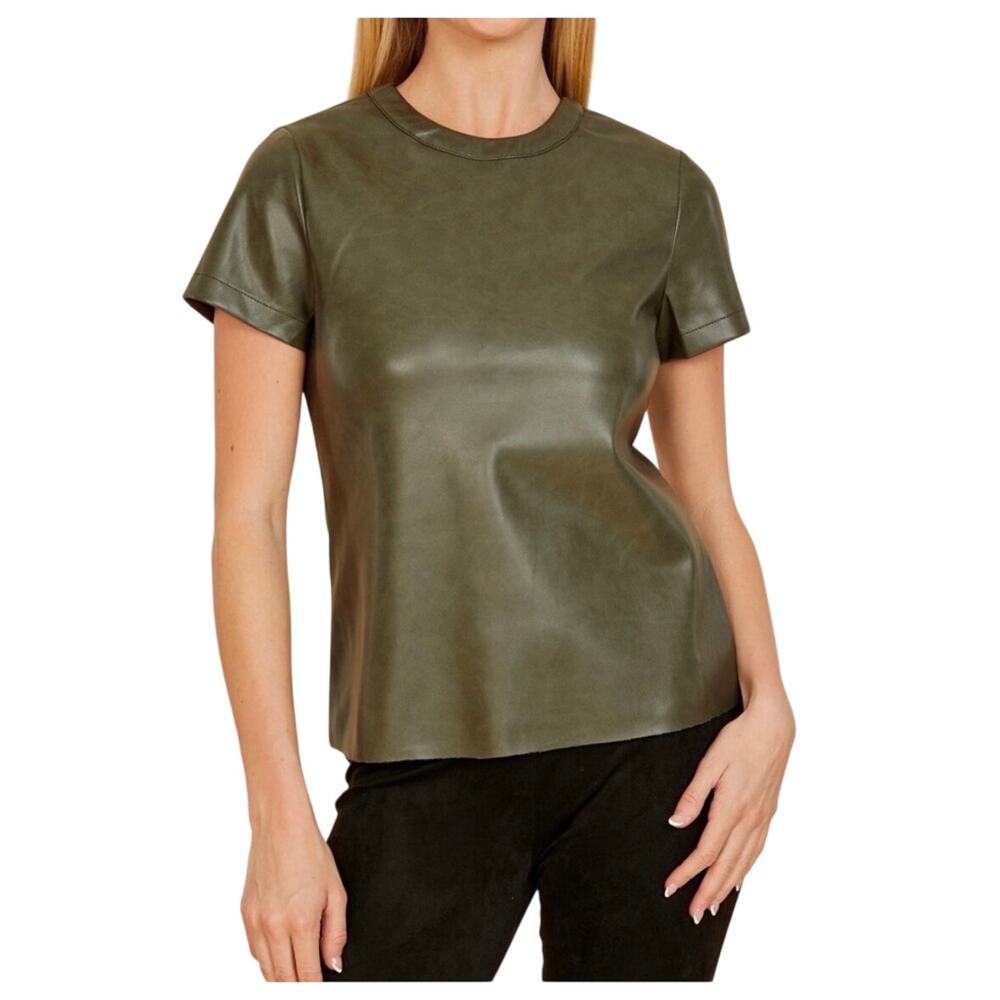 Dolce Cabo women’s Olive Green Faux Leather Short Sleeve Top S NEW